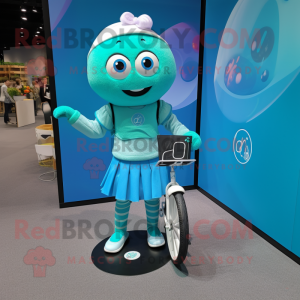 Cyan Unicyclist mascot costume character dressed with a Mini Skirt and Handbags