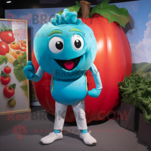 Turquoise Tomato mascot costume character dressed with a Joggers and Suspenders