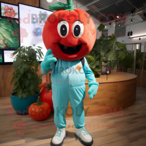 Turquoise Tomato mascot costume character dressed with a Joggers and Suspenders