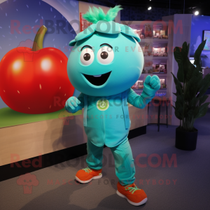 Turquoise Tomato mascot costume character dressed with a Joggers and Suspenders