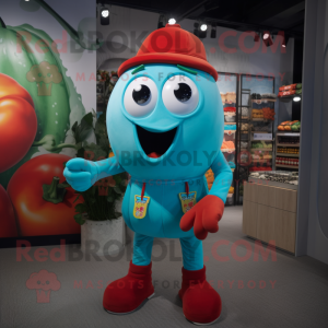 Turquoise Tomato mascot costume character dressed with a Joggers and Suspenders