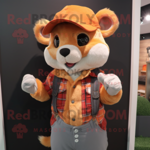 Orange Dormouse mascot costume character dressed with a Flannel Shirt and Beanies