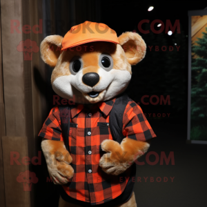 Orange Dormouse mascot costume character dressed with a Flannel Shirt and Beanies