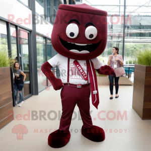 Maroon Pho mascot costume character dressed with a Skinny Jeans and Bow ties