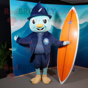 Navy Surfboard mascot costume character dressed with a Jacket and Caps