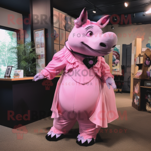 Pink Rhinoceros mascot costume character dressed with a Empire Waist Dress and Suspenders