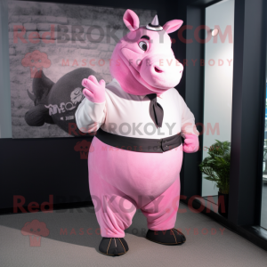 Pink Rhinoceros mascot costume character dressed with a Empire Waist Dress and Suspenders