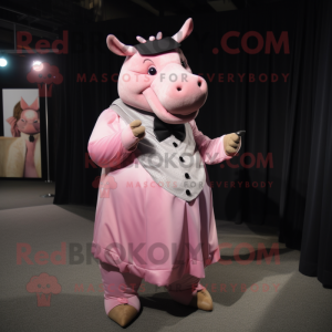 Pink Rhinoceros mascot costume character dressed with a Empire Waist Dress and Suspenders