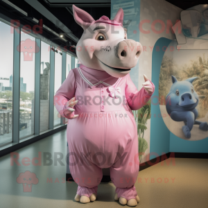 Pink Rhinoceros mascot costume character dressed with a Empire Waist Dress and Suspenders