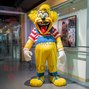 Yellow Evil Clown mascot costume character dressed with a Jeans and Anklets