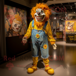 Yellow Evil Clown mascot costume character dressed with a Jeans and Anklets