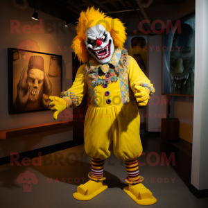 Yellow Evil Clown mascot costume character dressed with a Jeans and Anklets