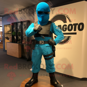 Turquoise Gi Joe mascot costume character dressed with a Cargo Pants and Hairpins