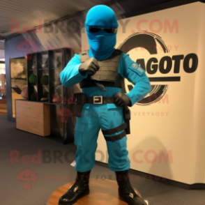 Turquoise Gi Joe mascot costume character dressed with a Cargo Pants and Hairpins