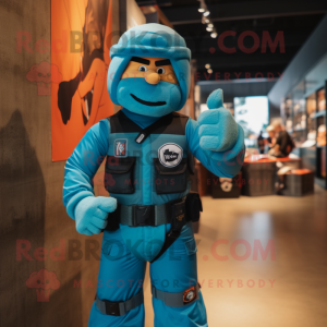 Turquoise Gi Joe mascot costume character dressed with a Cargo Pants and Hairpins