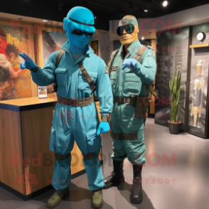 Turquoise Gi Joe mascot costume character dressed with a Cargo Pants and Hairpins