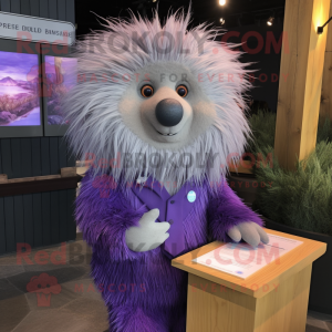 Lavender Porcupine mascot costume character dressed with a Cover-up and Belts
