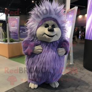 Lavender Porcupine mascot costume character dressed with a Cover-up and Belts