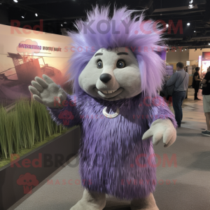 Lavender Porcupine mascot costume character dressed with a Cover-up and Belts