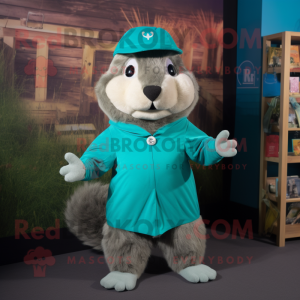 Teal Marmot mascot costume character dressed with a Long Sleeve Tee and Suspenders