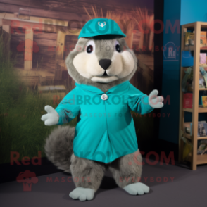 Teal Marmot mascot costume character dressed with a Long Sleeve Tee and Suspenders