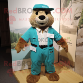 Teal Marmot mascot costume character dressed with a Long Sleeve Tee and Suspenders