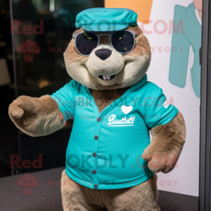 Teal Marmot mascot costume character dressed with a Long Sleeve Tee and Suspenders