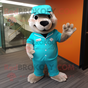 Teal Marmot mascot costume character dressed with a Long Sleeve Tee and Suspenders