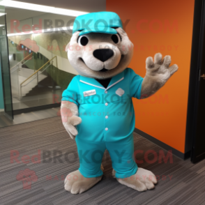 Teal Marmot mascot costume character dressed with a Long Sleeve Tee and Suspenders