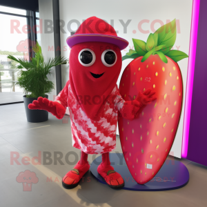 Magenta Strawberry mascot costume character dressed with a Board Shorts and Wraps