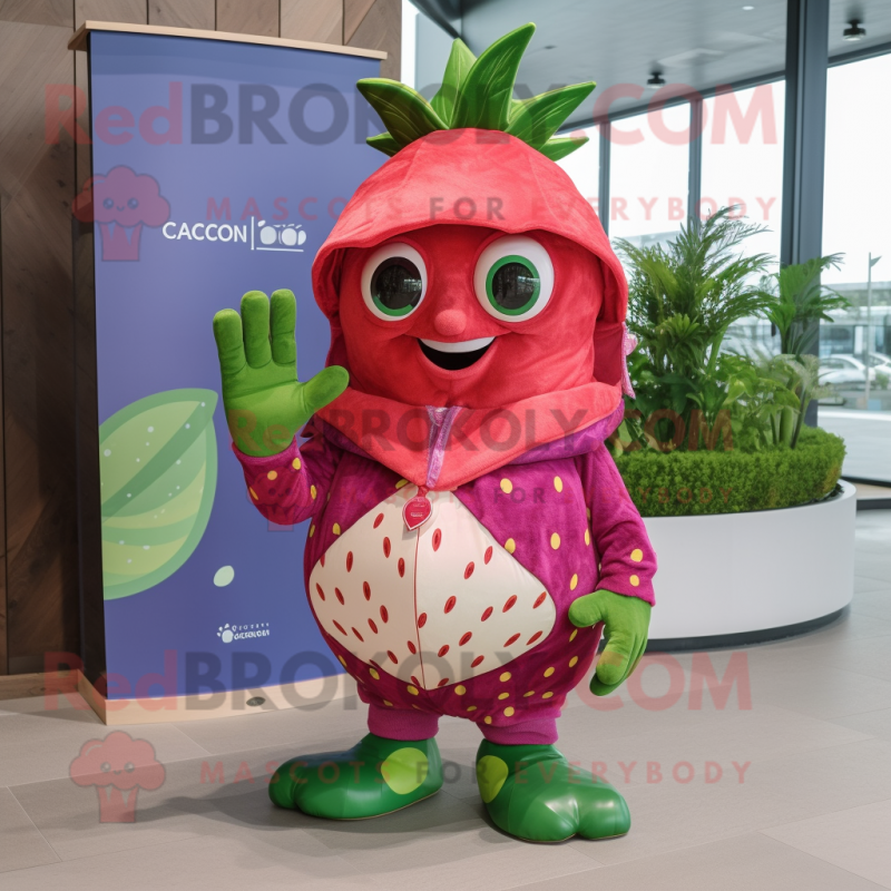 Magenta Strawberry mascot costume character dressed with a Board Shorts and Wraps