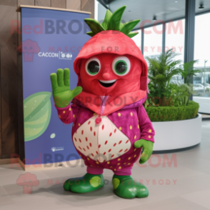 Magenta Strawberry mascot costume character dressed with a Board Shorts and Wraps