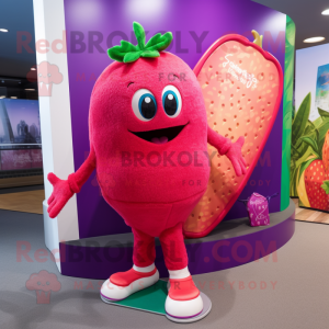 Magenta Strawberry mascot costume character dressed with a Board Shorts and Wraps