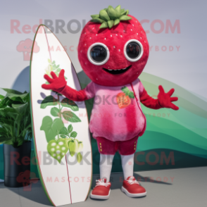 Magenta Strawberry mascot costume character dressed with a Board Shorts and Wraps