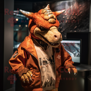 Rust Triceratops mascot costume character dressed with a Bomber Jacket and Beanies