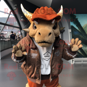 Rust Triceratops mascot costume character dressed with a Bomber Jacket and Beanies
