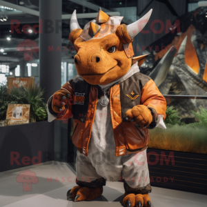 Rust Triceratops mascot costume character dressed with a Bomber Jacket and Beanies
