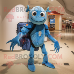 Blue Crab mascot costume character dressed with a Flare Jeans and Backpacks