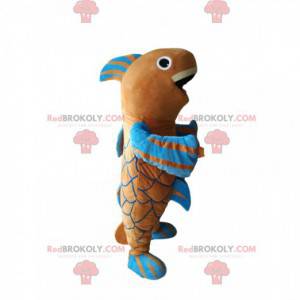 Mascotte di pesce marrone e blu molto felice - Redbrokoly.com