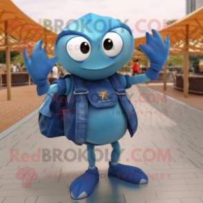 Blue Crab mascot costume character dressed with a Flare Jeans and Backpacks