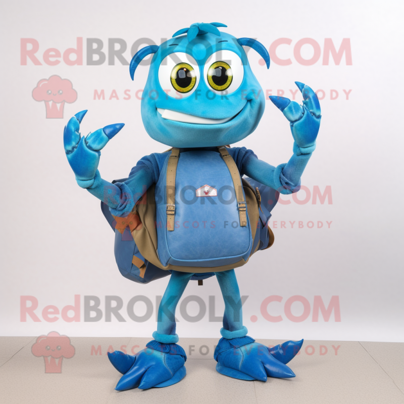 Blue Crab mascot costume character dressed with a Flare Jeans and Backpacks