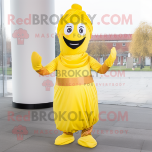 Lemon Yellow Tikka Masala mascot costume character dressed with a Bodysuit and Scarves