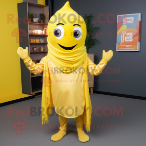 Lemon Yellow Tikka Masala mascot costume character dressed with a Bodysuit and Scarves