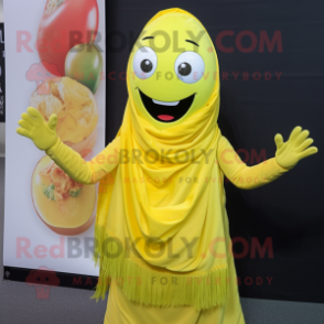 Lemon Yellow Tikka Masala mascot costume character dressed with a Bodysuit and Scarves