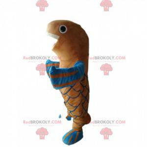 Mascote peixe marrom e azul muito feliz - Redbrokoly.com