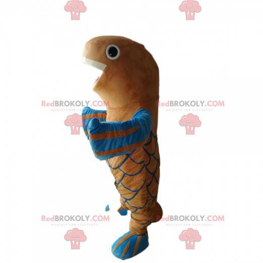 Mascotte de poisson marron et bleu très joyeux - Redbrokoly.com