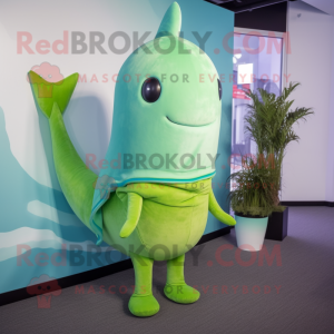 Lime Green Narwhal mascot costume character dressed with a Playsuit and Shawls