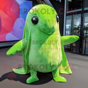 Lime Green Narwhal mascot costume character dressed with a Playsuit and Shawls