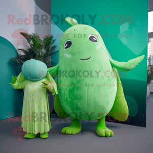 Lime Green Narwhal mascot costume character dressed with a Playsuit and Shawls