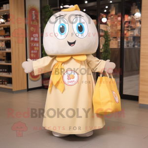 Beige Mandarin mascot costume character dressed with a Circle Skirt and Tote bags